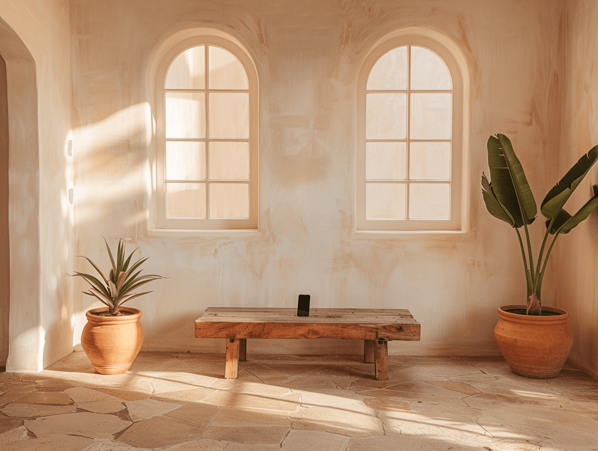 Estudio boutique latinoamericano en luz dorada, con plantas en macetas de barro, banco de madera y ventanas en arco.